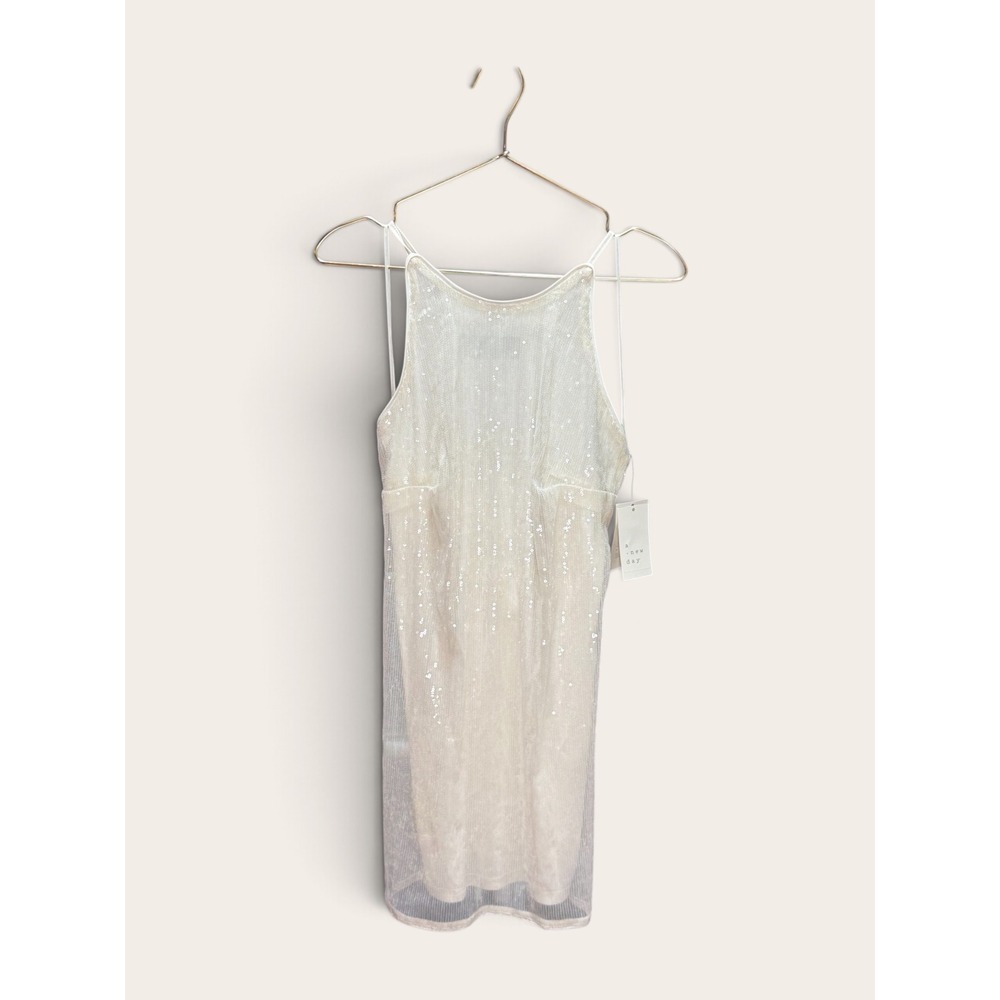 A New Day Womens Sequin Mesh Mini Dress White Open Back Bridal Party Size S NWT